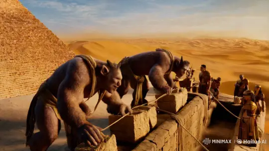 Realistic Giants Construct Pyramids in Ancient Egypt Setting – AI Generated Video | Hailuo AI