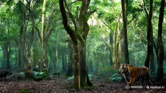 Majestic Tiger in Lush Forest, Captivating Gaze – AI Generated Video | Hailuo AI