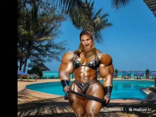Tropical Bikini Model Discusses Fitness by Swimming Pool – AI Generated Video | Hailuo AI