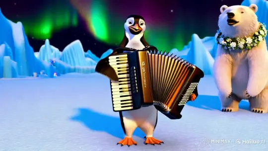 Penguin and Bear in Arctic Serenade with Northern Lights – AI Generated Video | Hailuo AI