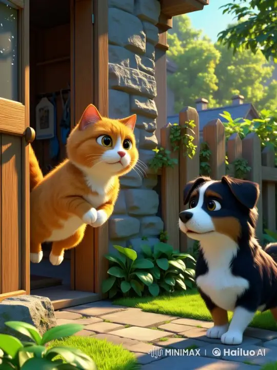 Orange Cat Escapes, Meets Barking Dog in Moonlit Garden – AI Generated Video | Hailuo AI