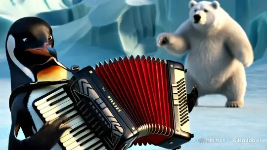Penguin and Bear: A Harmonious, Surreal Scene – AI Generated Video | Hailuo AI