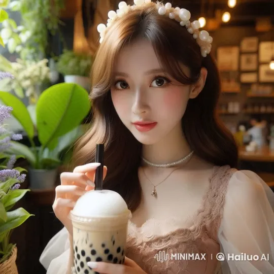 Young Woman Enjoying Bubble Tea in Cozy Café – AI Generated Video | Hailuo AI