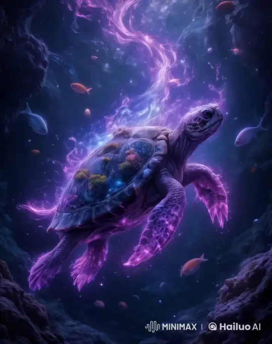 Cosmic Turtle Glides Through Bioluminescent Underwater Realm – AI Generated Video | Hailuo AI