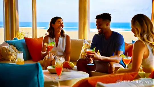 Beach-Inspired Living Room with Friends Enjoying Cocktails – AI Generated Video | Hailuo AI