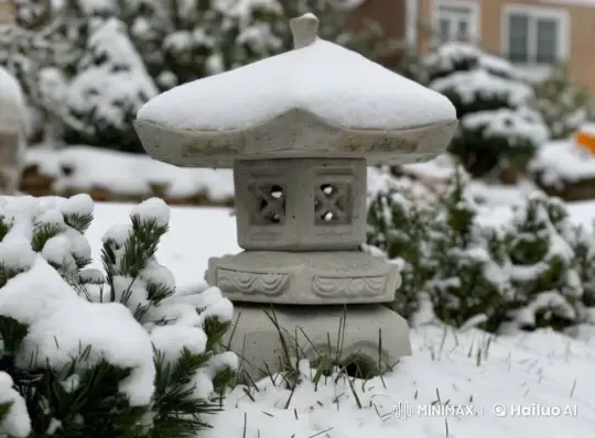 Peaceful Winter Garden with Snowy Stone Lantern – AI Generated Video | Hailuo AI