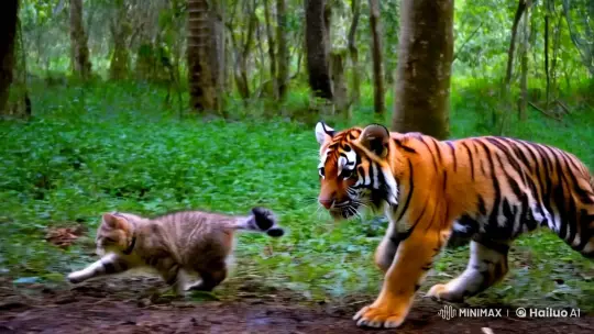 Tiger Cub and Tabby Cat in Serene Forest Setting – AI Generated Video | Hailuo AI
