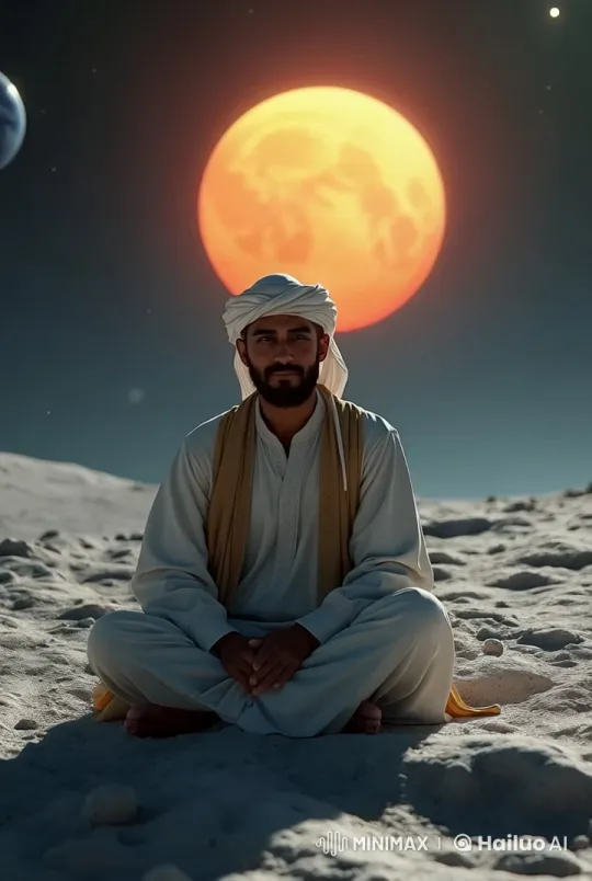 Man in Sand with Brightening Moon and Tranquil Atmosphere – AI Generated Video | Hailuo AI