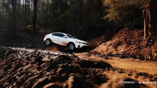 Contrast: White Chevrolet Tears Through Forest Terrain – AI Generated Video | Hailuo AI
