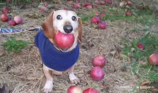 Adorable Dog in Blue Sweater Playfully Flips While Eating Apple – AI Generated Video | Hailuo AI