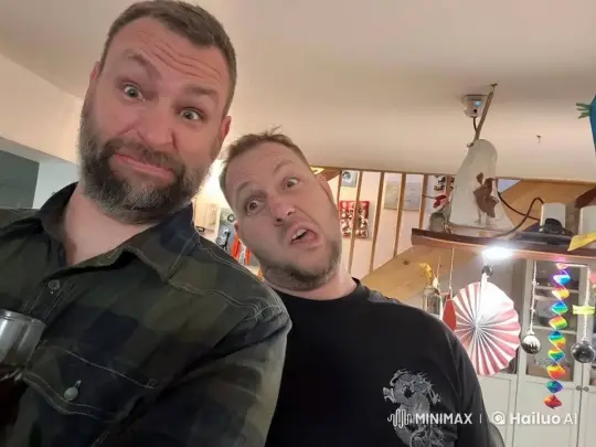 Two Friends Share a Playful Kiss in a Festive Home – AI Generated Video | Hailuo AI