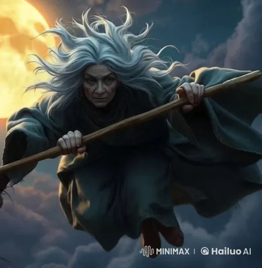 Witch Soars Through Night Sky on Broomstick – AI Generated Video | Hailuo AI