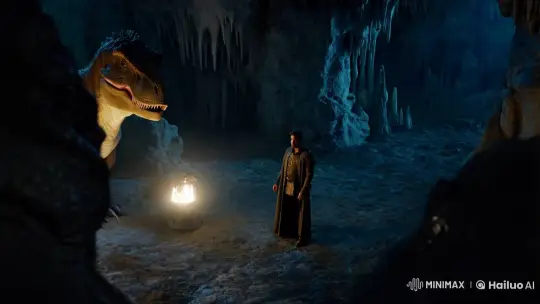 Dinosaur Encounter in Dimly Lit Cave Setting – AI Generated Video | Hailuo AI