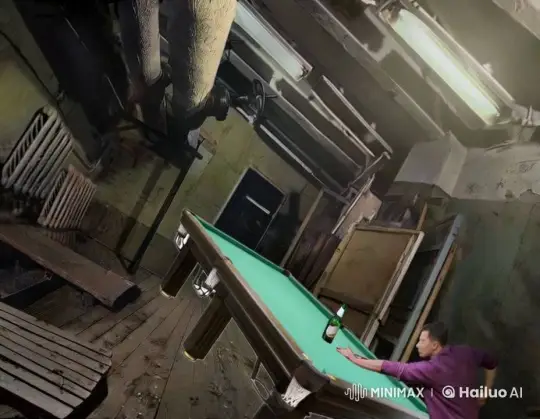 Man in Purple Shirt Plays Pool in Eerie Basement – AI Generated Video | Hailuo AI