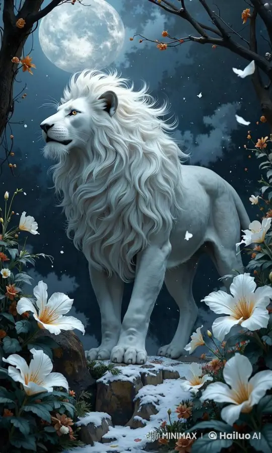 Majestic White Lion in Enchanted Moonlit Forest – AI Generated Video | Hailuo AI