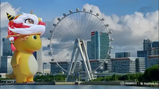 Cute Milk Dragon Activates Ferris Wheel in Peaceful Cityscape – AI Generated Video | Hailuo AI
