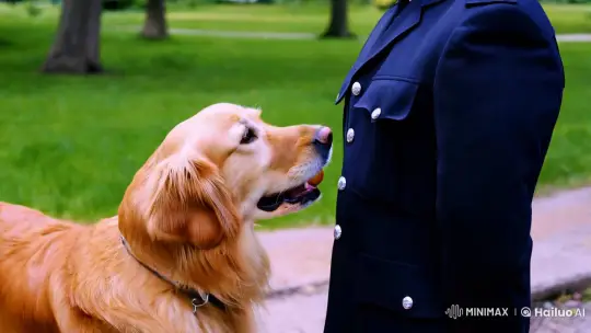 Golden Retriever and Policeman in Serene Park Scene – AI Generated Video | Hailuo AI