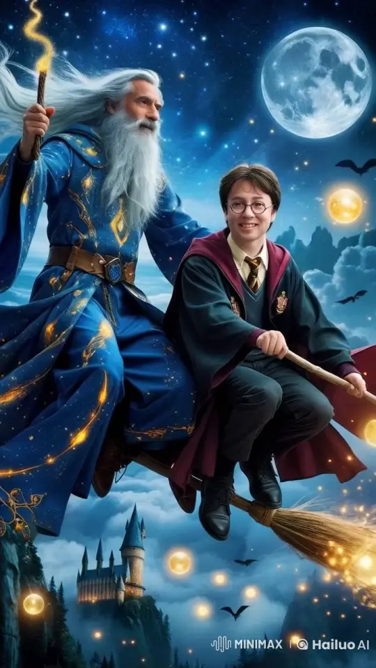 Magical Flight: Wizard and Boy in Starry Night – AI Generated Video | Hailuo AI