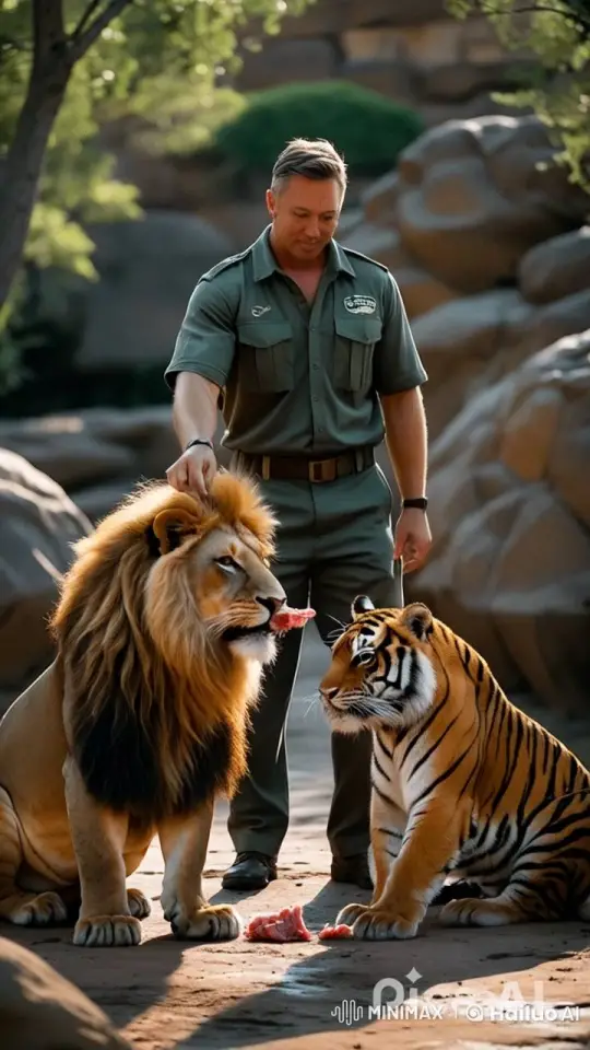 Zookeeper Feeds Majestic Lions and Tigers – AI Generated Video | Hailuo AI