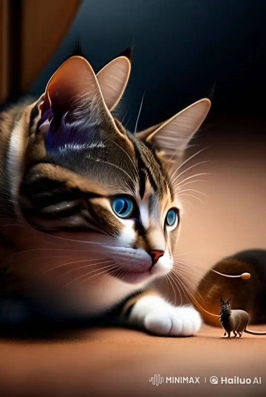 Cat Watches Toy Mouse with Intense Blue Eyes – AI Generated Video | Hailuo AI