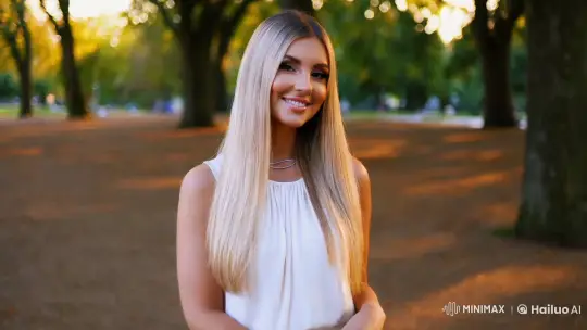 Charming Young Woman in Tranquil Park Setting – AI Generated Video | Hailuo AI