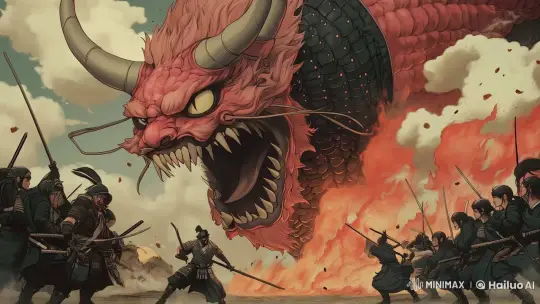 Warriors Battle an Enormous Dragon on Chaotic Battlefield – AI Generated Video | Hailuo AI