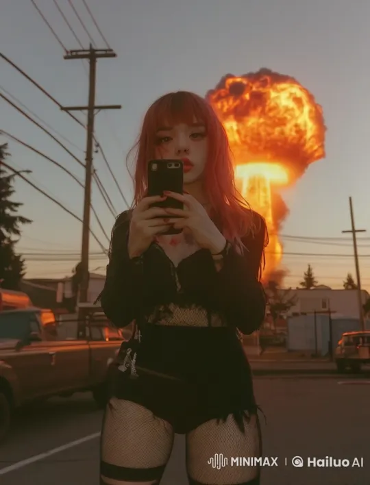 Young Woman Records Calmly Amidst Chaotic City Explosions and Water Splashes – AI Generated Video | Hailuo AI