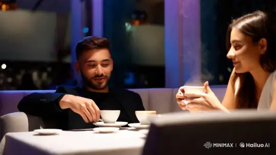 Couple Enjoying Coffee in Intimate Restaurant Setting – AI Generated Video | Hailuo AI