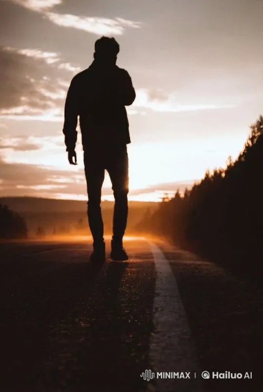 Silhouetted Walk at Sunset: Deserted Road Serenity – AI Generated Video | Hailuo AI