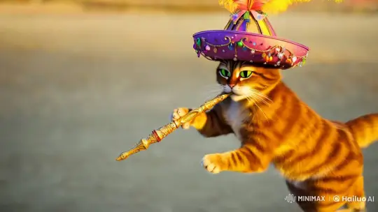 Magical Cat with Enchanted Stick in Ethereal Flight – AI Generated Video | Hailuo AI
