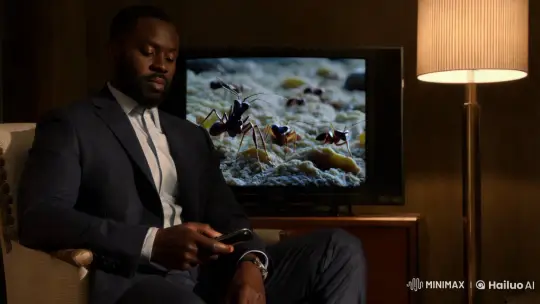 Gentleman Watches Ant Documentary in Sophisticated Room – AI Generated Video | Hailuo AI
