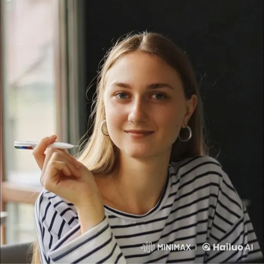Young Woman Waves Gently with a Pen – AI Generated Video | Hailuo AI