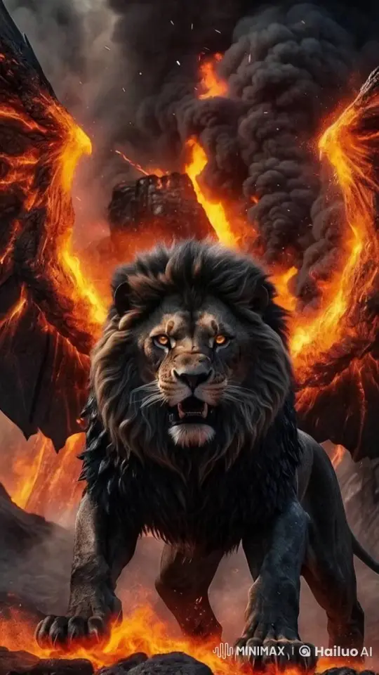 Lion Dominates Fiery Volcanic Landscape – AI Generated Video | Hailuo AI