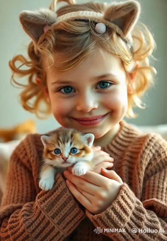 Child and Kitten Bond in Heartwarming Video – AI Generated Video | Hailuo AI
