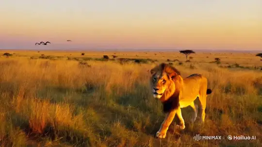 Majestic Lion Roams Golden Savanna at Sunset – AI Generated Video | Hailuo AI