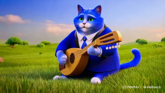 Blue Cat in Suit Plays Lute on Serene Grassland – AI Generated Video | Hailuo AI