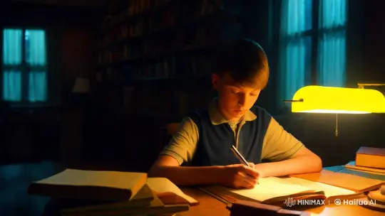 Focused Student in a Book-Lined Study Room – AI Generated Video | Hailuo AI