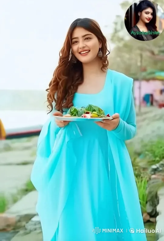 Young Woman in Blue Dress by Riverside with Salad – AI Generated Video | Hailuo AI