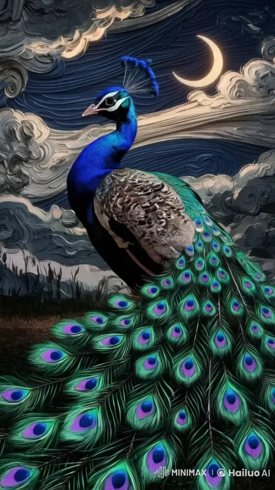 Majestic Peacock in Surreal Night Sky – AI Generated Video | Hailuo AI