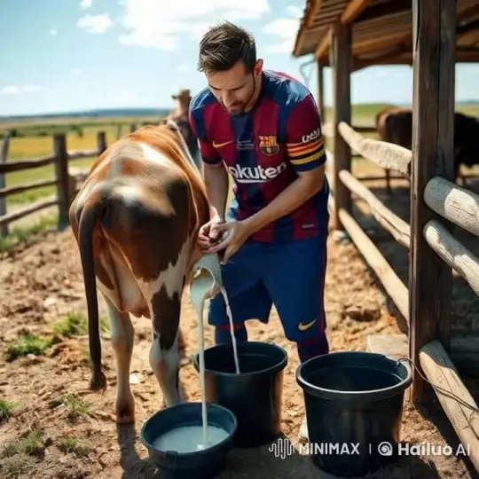 Messi Milks a Cow on Sunny Farm in Barcelona Jersey – AI Generated Video | Hailuo AI