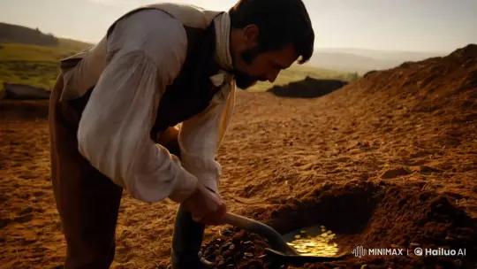 Artistic Period Drama: Man Unearths Gold in Golden Hour – AI Generated Video | Hailuo AI