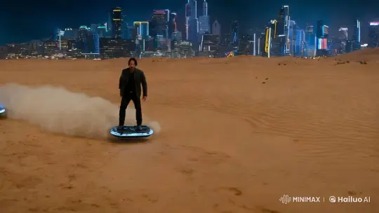 Keanu Reeves Stunts on Hoverboard in 'Cyberpunk 2077' Desert Scene – AI Generated Video | Hailuo AI