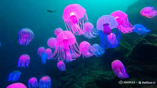Neon Jellyfish Dance to Electronic Music in Underwater Slow Motion – AI Generated Video | Hailuo AI