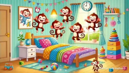 Monkeys Joyfully Jumping on a Colorful Bedroom Bed – AI Generated Video | Hailuo AI