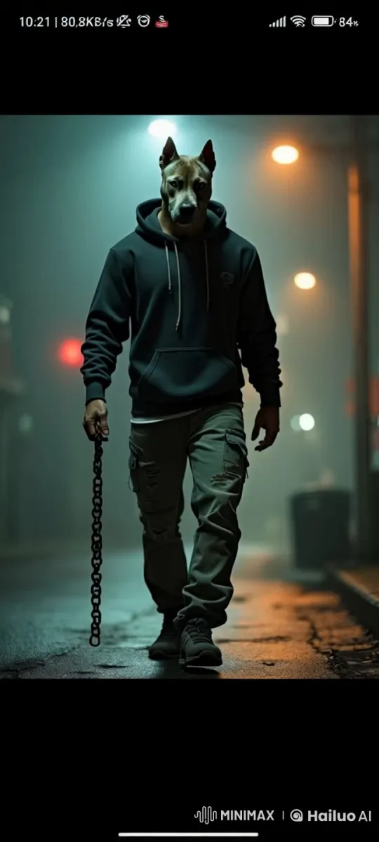 Mysterious Pitbull Character Walks Through Foggy Urban Street – AI Generated Video | Hailuo AI