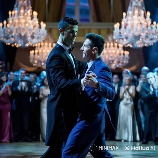 Cristiano Ronaldo and Lionel Messi Dance Gracefully in Cinematic Ballroom Scene – AI Generated Video | Hailuo AI