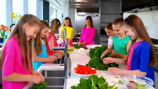 Young Girls Cook with Joy in Modern Kitchen – AI Generated Video | Hailuo AI