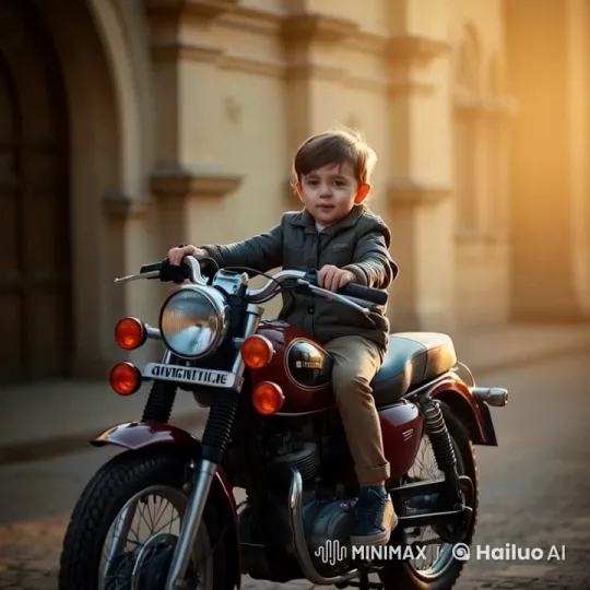 Child on Spring-Loaded Motorcycle in Sunset Street Scene – AI Generated Video | Hailuo AI