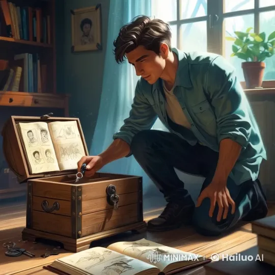 Young Man Examines Wooden Chest in a Quiet Study – AI Generated Video | Hailuo AI