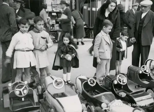 Vintage Street Scene: Children and Pedal Cars – AI Generated Video | Hailuo AI